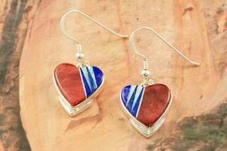 Genuine Spiny Oyster Shell and Blue Lapis inlaid in Sterling Silver. Beautiful Fire and Ice Lab Opal Accents. Stunning French Wire Earrings Designed by Navajo Artist Calvin Begay. Signed by the artist. 